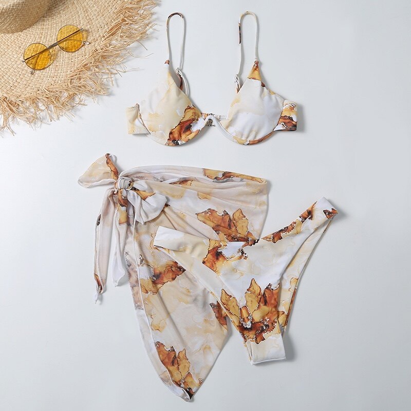 Happybuyner Swimwear for Women Swimsuit Set Print Underwire Bra and Panties and Wrap Skirt Three-Piece Suit for Swimming_voghion.com