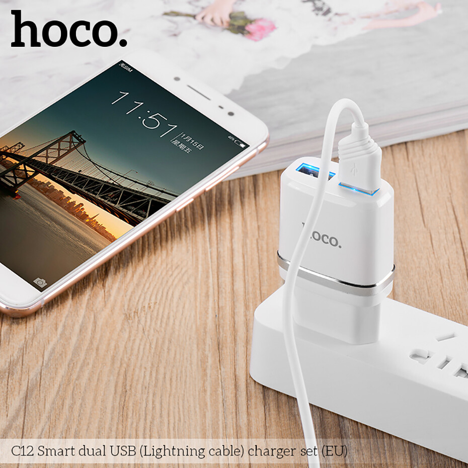 HOCO bộ sạc nhanh 2 cổng USB thông minh 2.4A cho iPhone SE 2020/ iPhone 11/ iPhone X - INTL