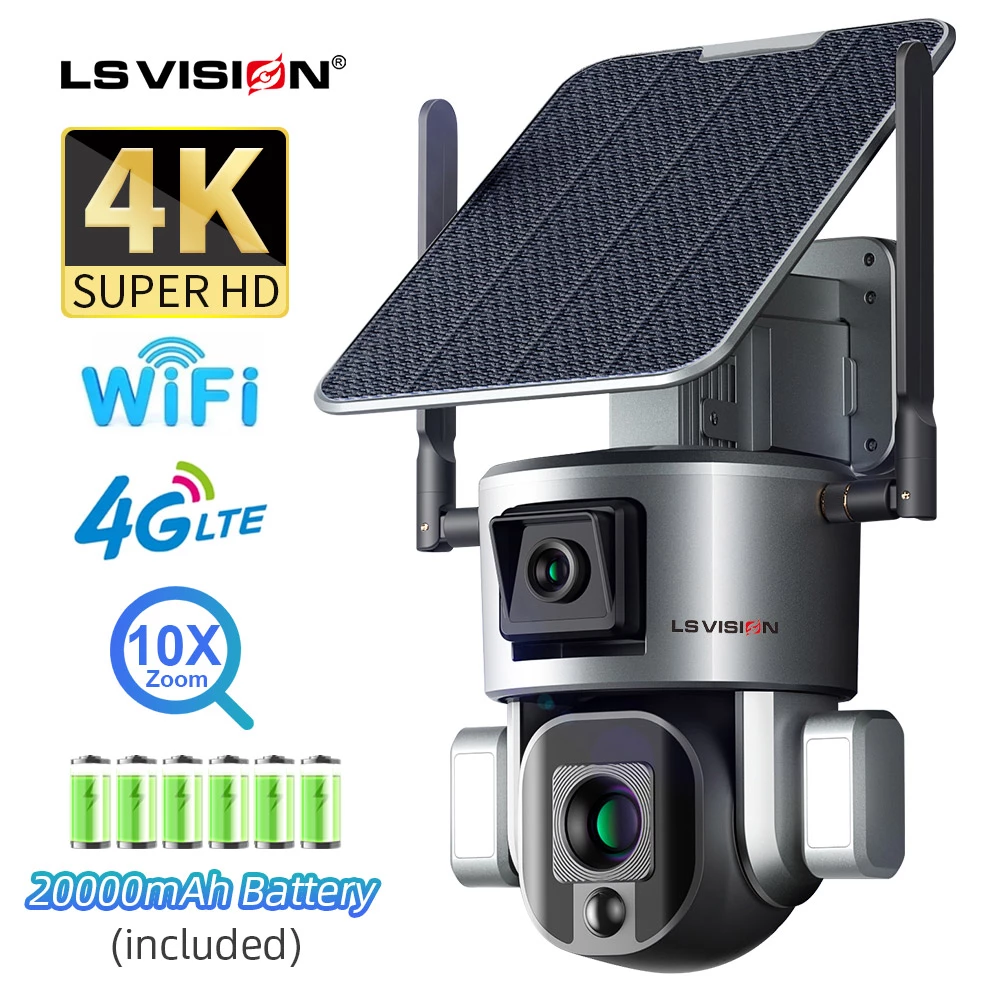 LS VISION 4K HD Dual Lens Solar Security Camera Outdoor 10X Optical 