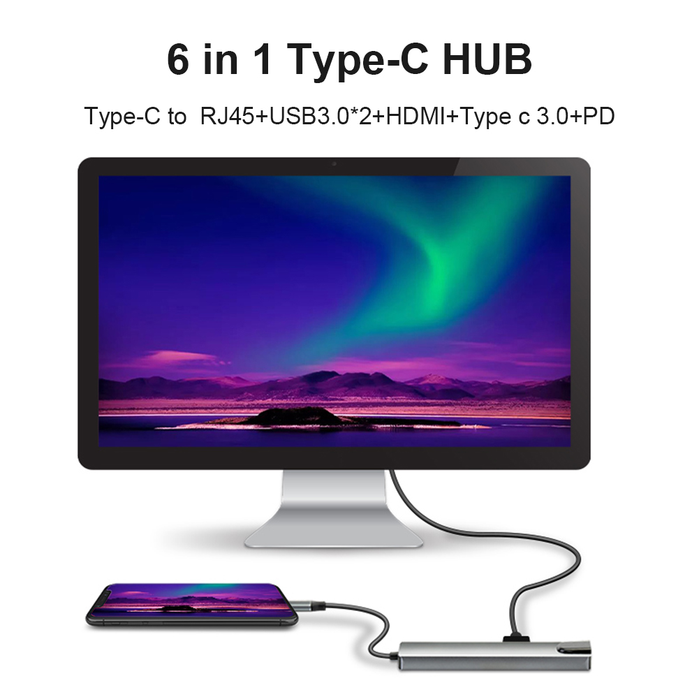 6 in 1 USB C HUB Docking 2 USB 3.0 HDMI Type-C PD RJ45 Multi USB Adapter Station Computer Accessory