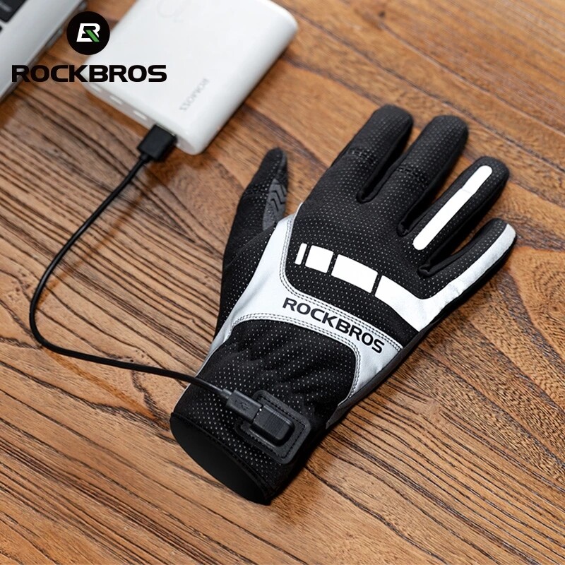 ROCKBROS Winter Gloves for Bike Unisex SBR Touch Screen USB Heated Gloves Wram Motorcycle Windproof Plam Breathable E-bike Gloves Cycling clothing