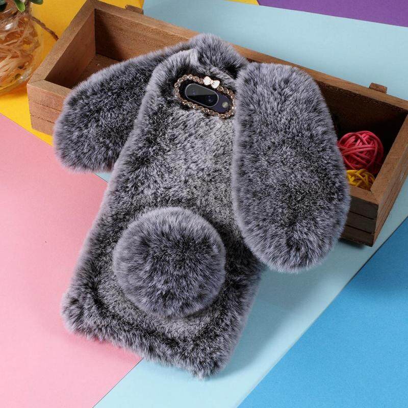Giá For OPPO A3s Rabbit Shape Fluffy Fur Coated TPU Cellphone Cover with Rhinestone Decor