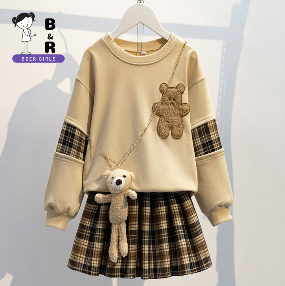 Top★beergirls chân váy cho bé gái chân váy kẻ sọc chân váy xếp li 2022 bộ áo len hai mảnh mặc thường ngày cho bé gái 927
