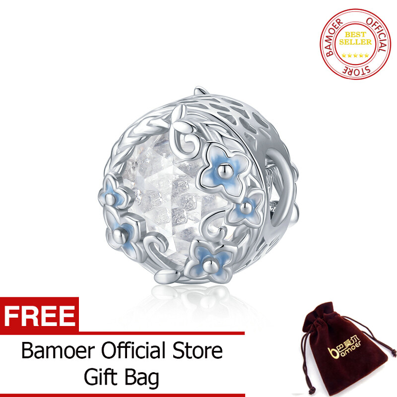 BAMOER Charming Bead Secret Garden 925 Sterling Silver White Crystal Blue Flower Charm fit Bracelet Jewelry Accessories BSC393