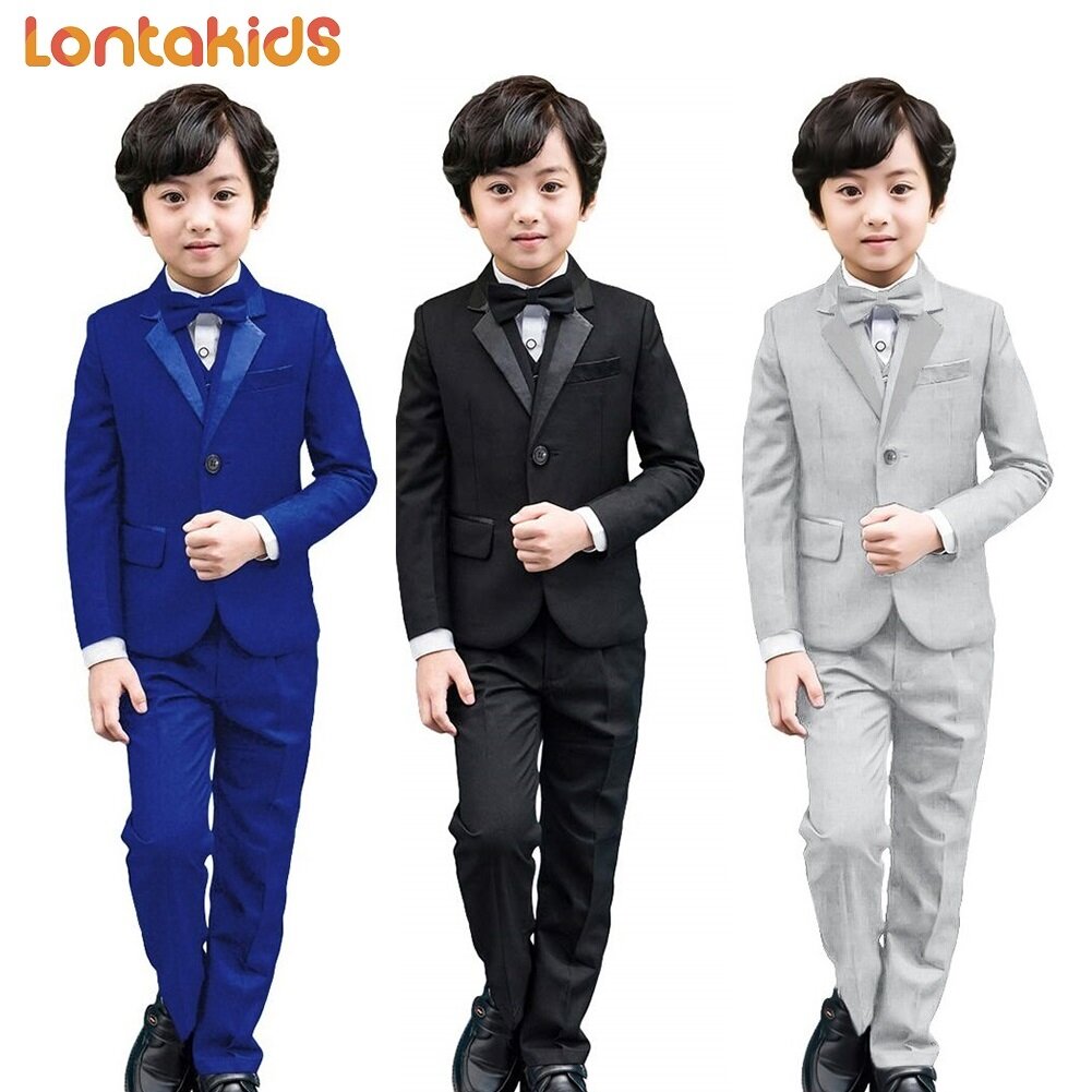 lontakids 5Pcs Kids Boys Black Navy Blue Tuxedo Set Classic Wedding Attire Ring Bearer Outfits (Jacket+Pants+Vest+Clip-on Suspenders+ Bow Tie) Children's Formal Birthday Party Wear Toddler Blazer Suit for Prom and Piano Performance