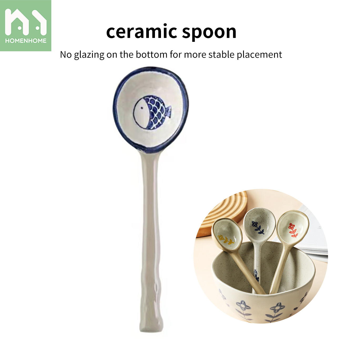 Homenhome Ceramic Spoon Multi-Function Chinese Style Scoop Porridge Spoon Tableware Soup Spoon For Home Restaurant