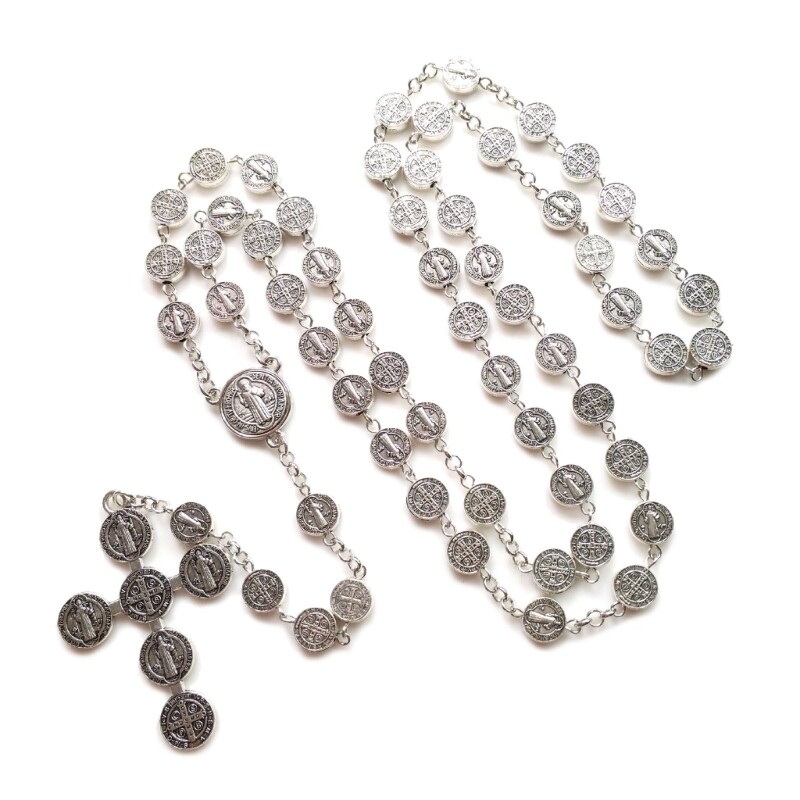 Vintage Silver Color Saint Benedict Beads Chain Rosary Necklace Prayer Christ Church Catholic Jesus Cross Necklace