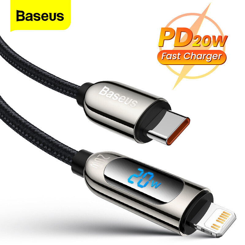 Baseus pd 20w usb c charging cable for iphone 14 13 pro max fast charging cable type c cable for iphone x 8 led display data cable
