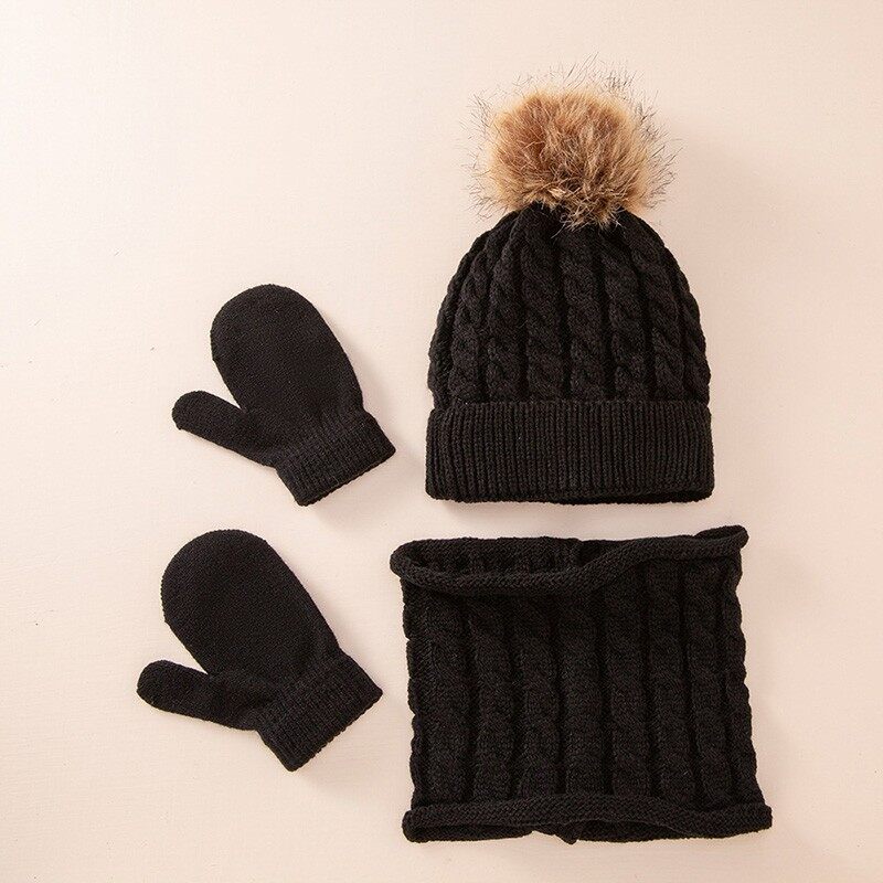 3Pcs Baby Hat Scarf Gloves Set Big Pompom Crochet Children Toddler Bonnet Hat Mittens Autumn Winter Kids Girl Beanie Cap