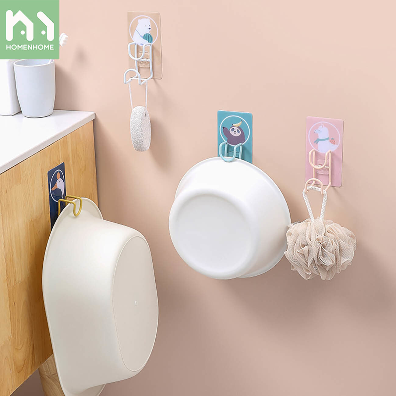Homenhome Washbasin Holder No Punching Bathroom Basin Storage Shelf Wall Mounted Basin Stand No-mark Hook