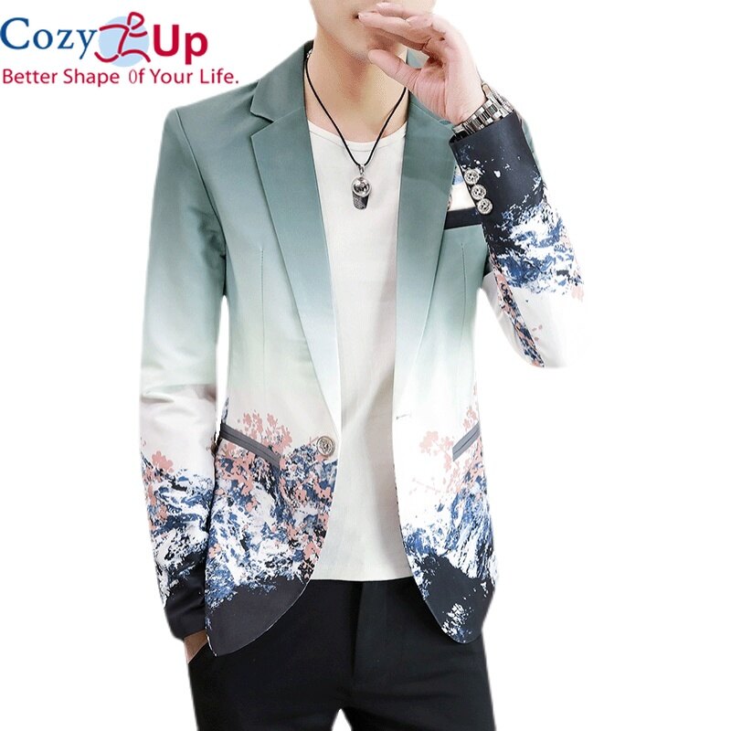 Cozy Up Men Suit Jacket Fashion Casual Gradient Color Printing Polyester Fiber One Button
