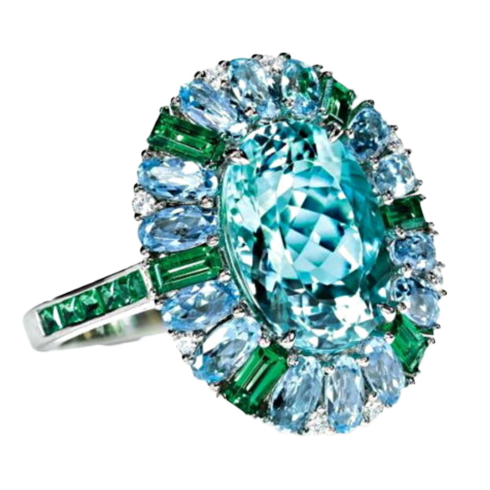 Talent Star Luxury Women Faux Emerald Aquamarine Flower Ring Wedding Party Jewelry Gift