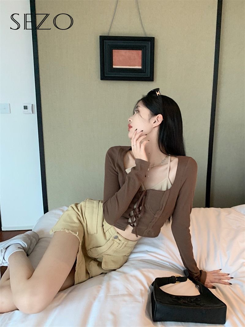 SEZO Áo Thun Nữ Dài Tay Cổ Ngắn Hàn Quốc