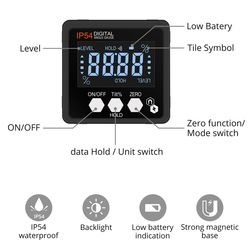 Electronic Digital Display Inclinometer, Level Meter, Gradient Ruler With Magnetic Protractor