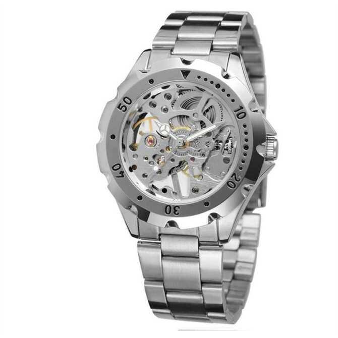 Men Automatic Mechanical Wrist Watch with Stainless Steel Band (Silver)