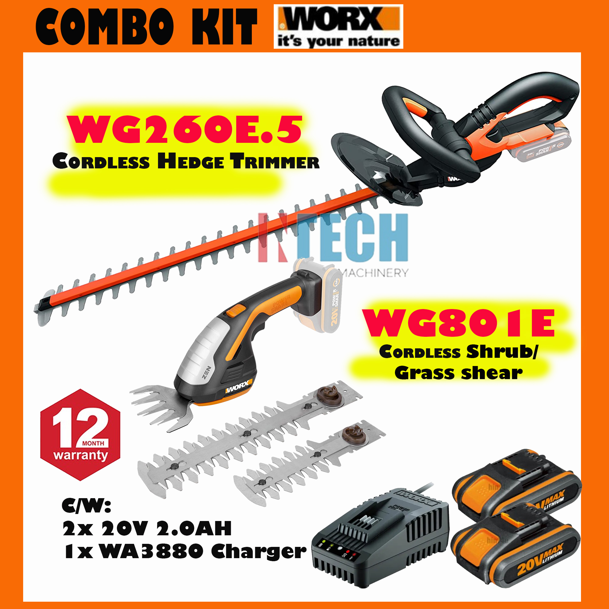Worx Combo Kit Wg260e.5 Cordless Hedge 