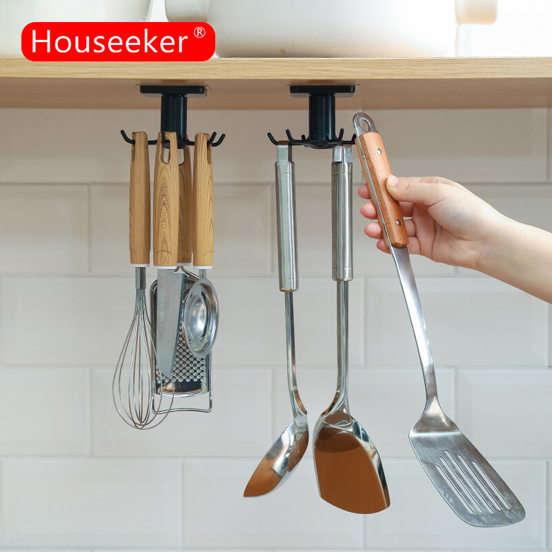 Houseeker 360° Rotated  Rack with 6 Hooks Wall Door Hanger Holder Hook Kitchen Utensil Storage Organizer
