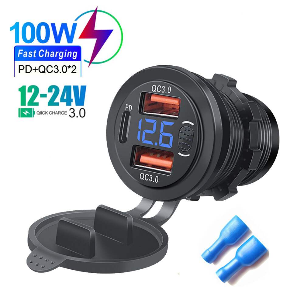 12v/24v 60w car charger quick charge qc3.0 usb+pd type c with touch switch power adapter with 60cm wire