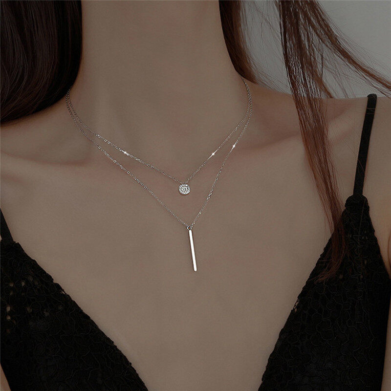Square Full Zircon Round Double Layer Necklace for Women Ins Clavicle Gold Silver Long Chain Pendant Simple Temperament Necklace