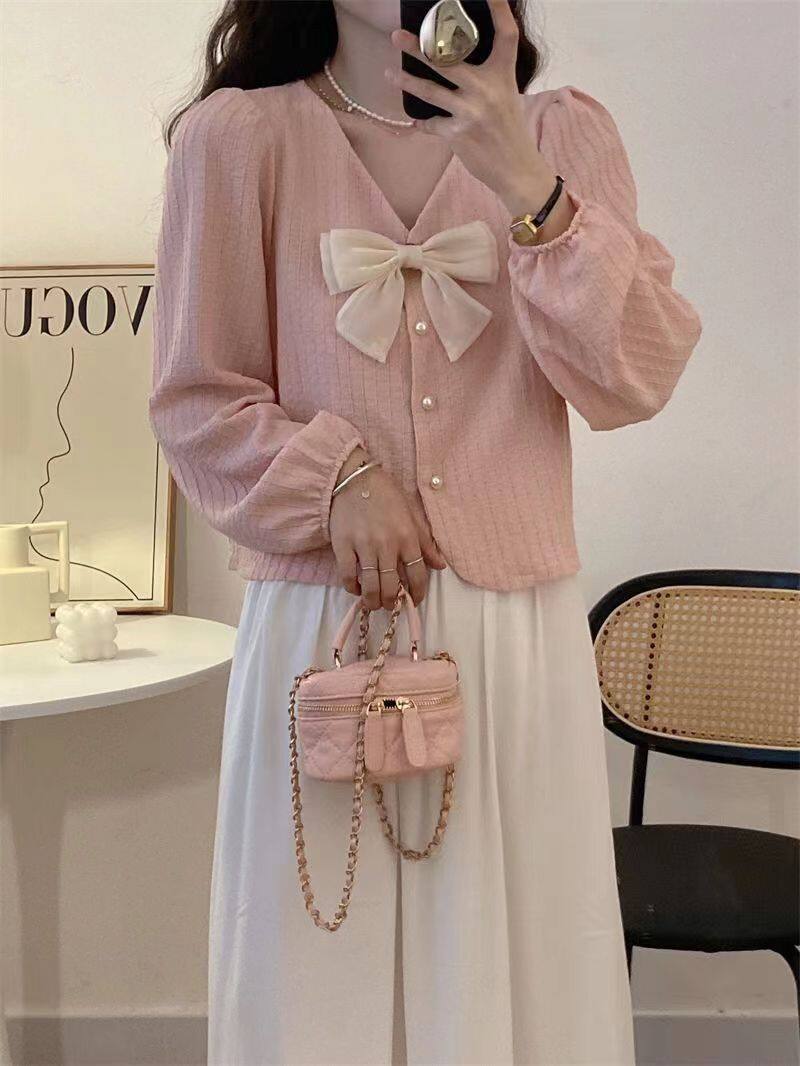 Bow tie shirt, women's long sleeved thin top