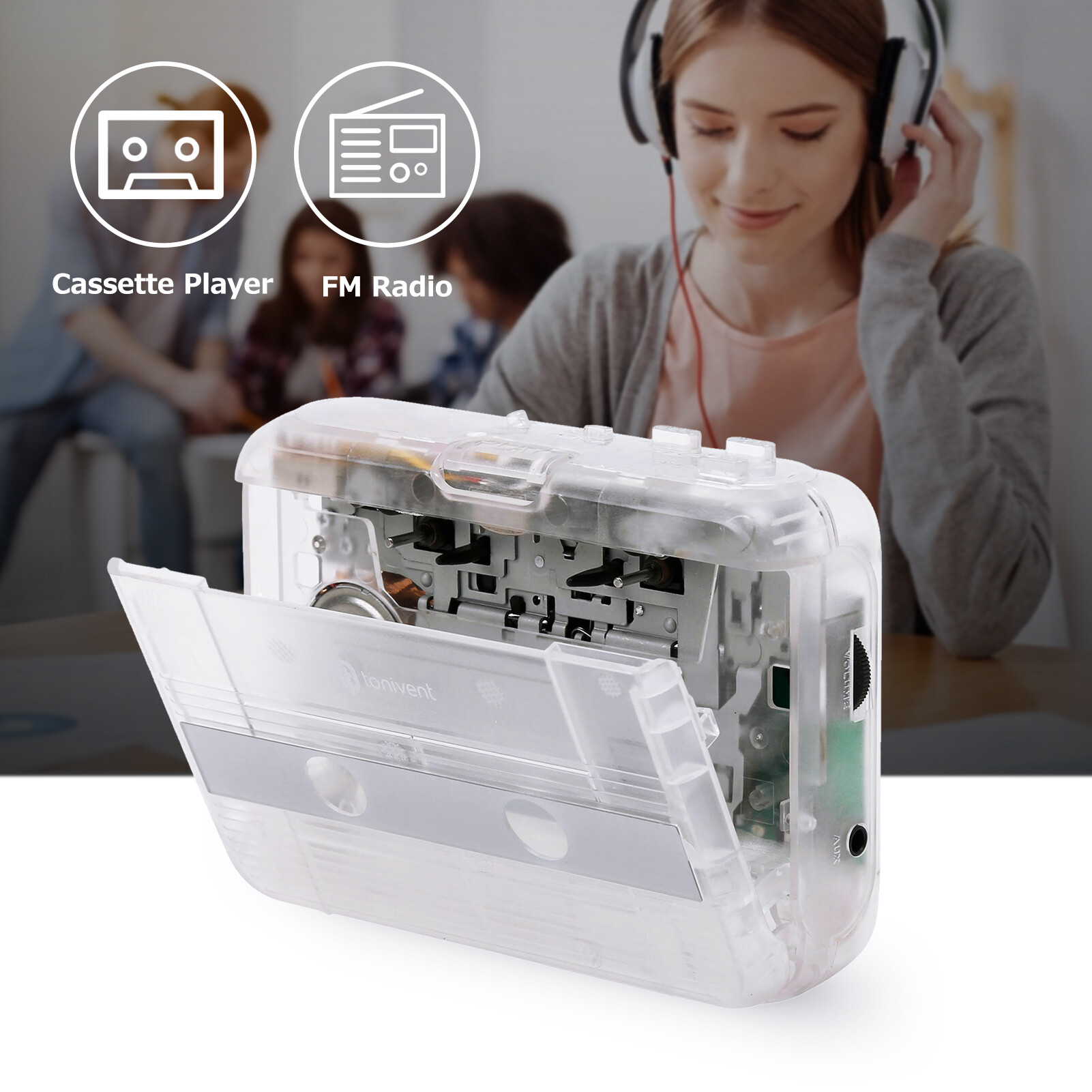 TONIVENT Portable BT Cassette Player Stereo Auto Reverse Mini Transparent Tape Player & FM Radio with 3.5mm AUX Input Adjustable Volume for Home School Travel
