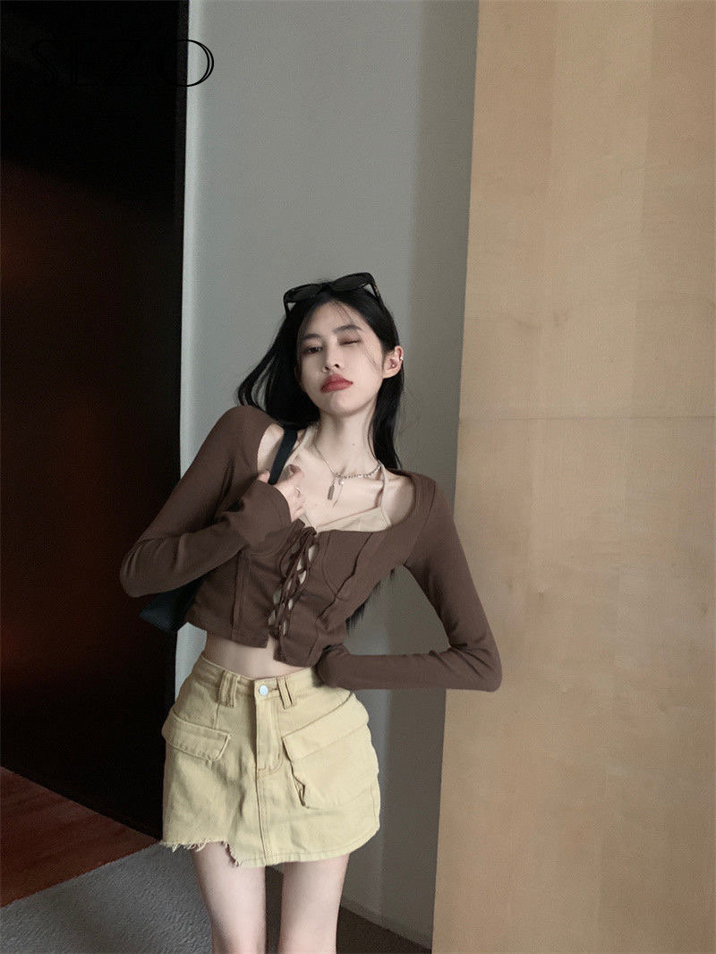 SEZO Áo Thun Nữ Dài Tay Cổ Ngắn Hàn Quốc