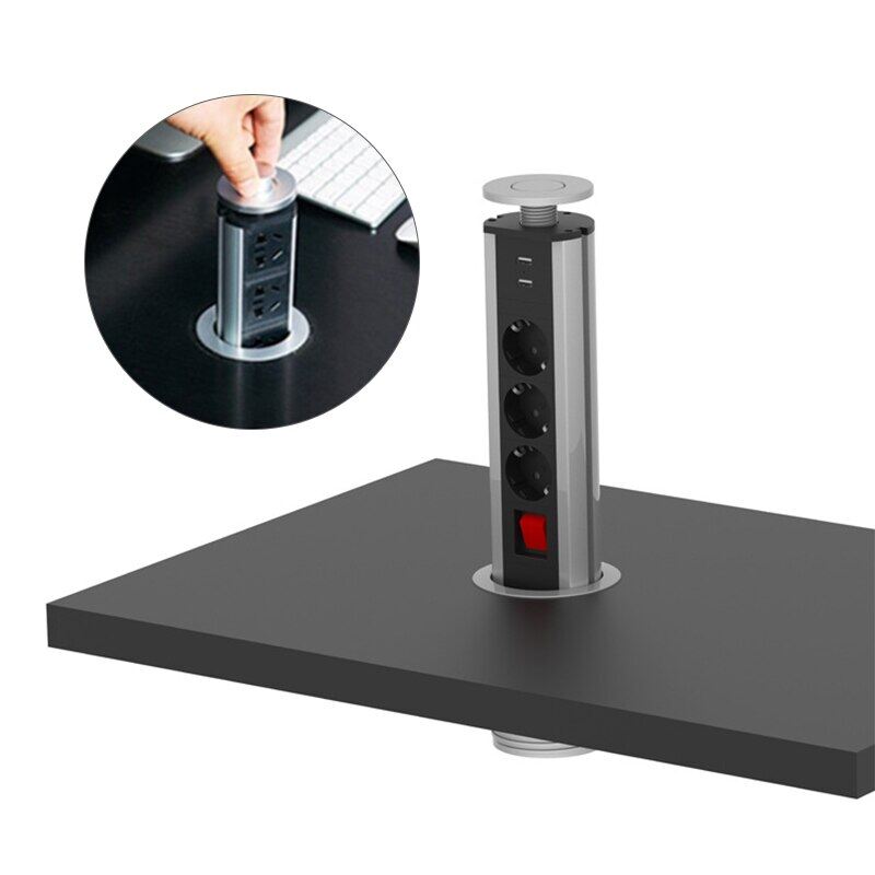 Desktop Hidden Installation Power Socket EU Plug 3/4/5/6 Power Pop Up Socket Kitchen Table Desktop Retractable Electrical Socket With 1 Led+2 Charge USB Aluminum Shelf
