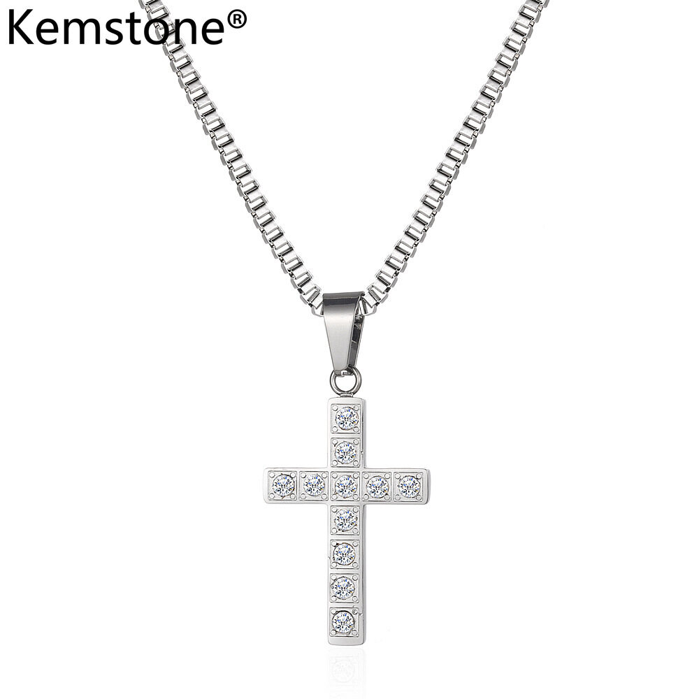 Kemstone Titanium Crystal Cross Sweater Chain Pendant Necklace for Men Fashion Jewelry