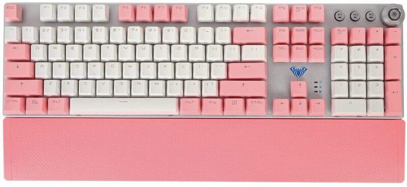 AULA F2088 Mechanical Keyboard, White and Pink Double Spell PTP keycap, Magnetic adsorption Hand Rest, Gaming and Office Keyboard (White and Pink) Singapore