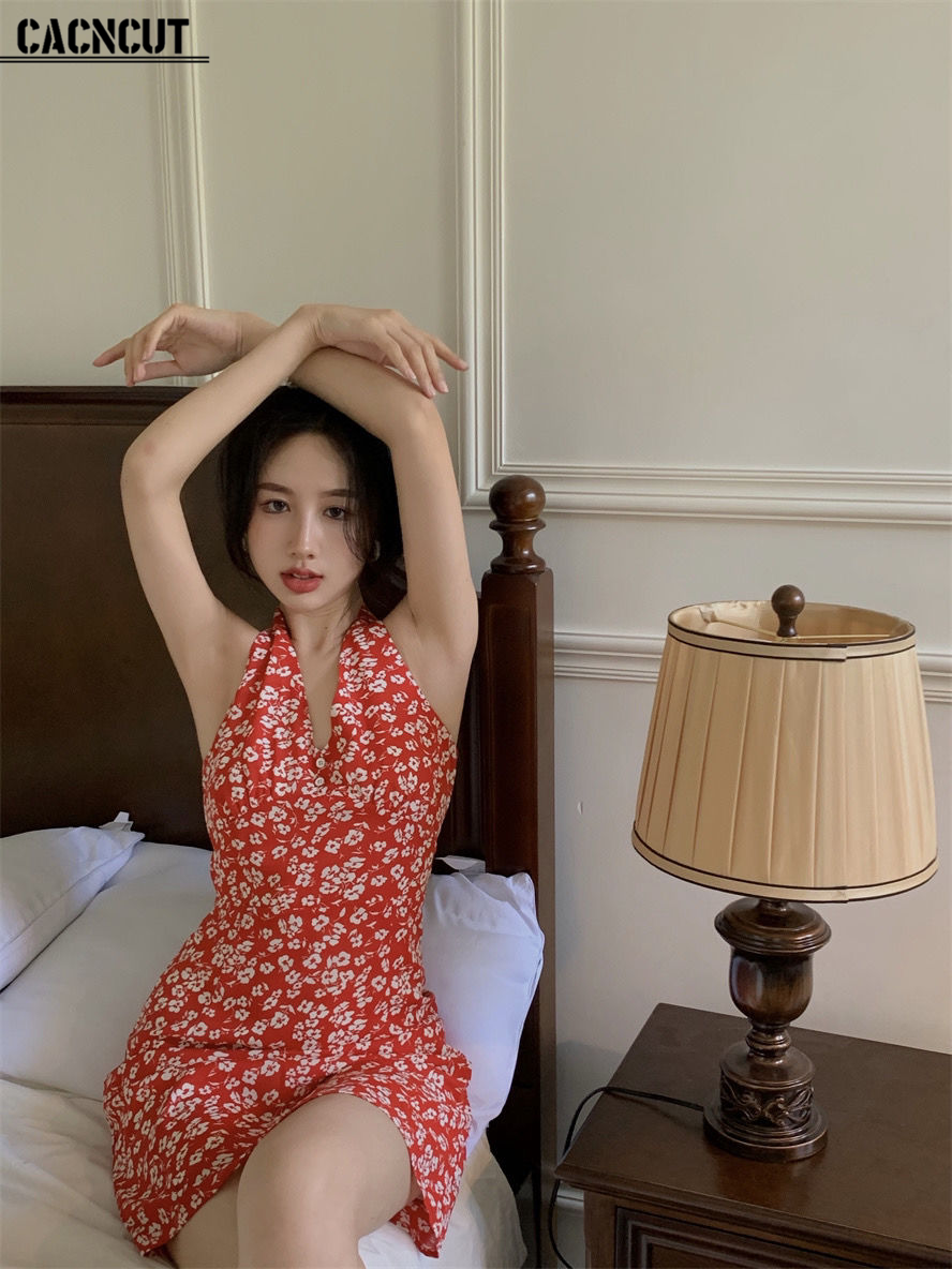 CACNCUT Korean Halter Neck Dress Retro Floral Mid Length Sleeveless V Neck Dress
