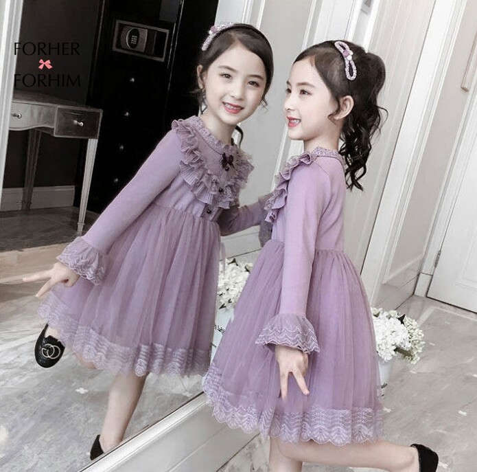 FORHER FORHIM Girls Dress Girl Foreign Style Spring Autumn Pink Purple 6-10 Princess Dress Children's Autumn Long Sleeve Skirt FH0621