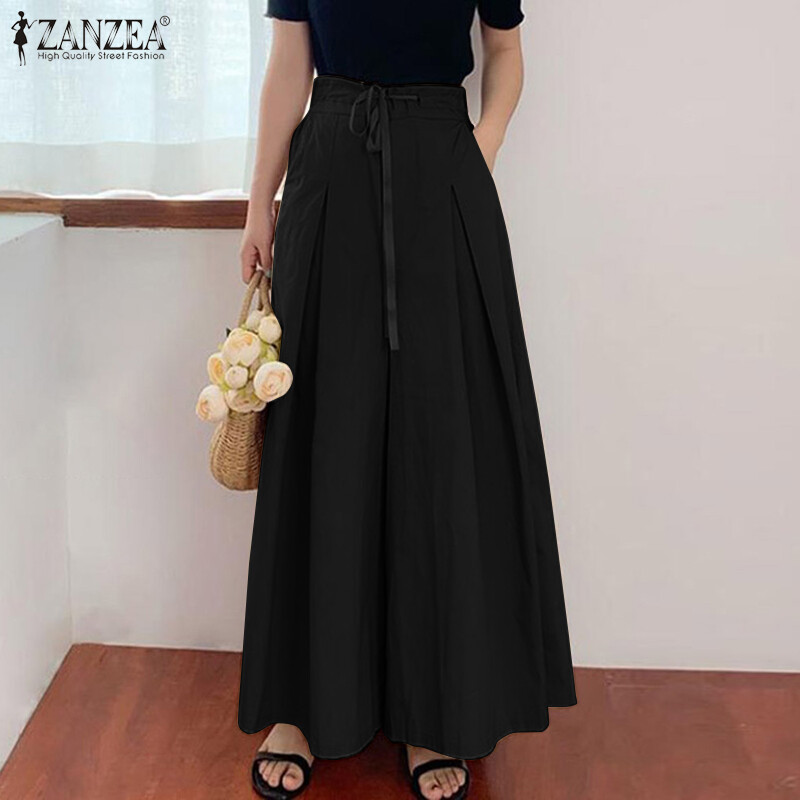 ZANZEA Women Culottes Wide Legs Palazzo Long Pants Ladies Pull On Elastic Waist Trousers