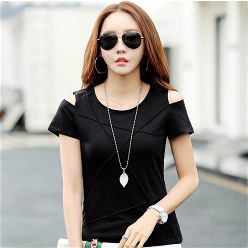 Women Fashion O-Neck Short Sleeve T-Shirts off Shoulder Shirts 2020 New Casual Lady Plus Size Tops Solid Cotton Tee Shirts