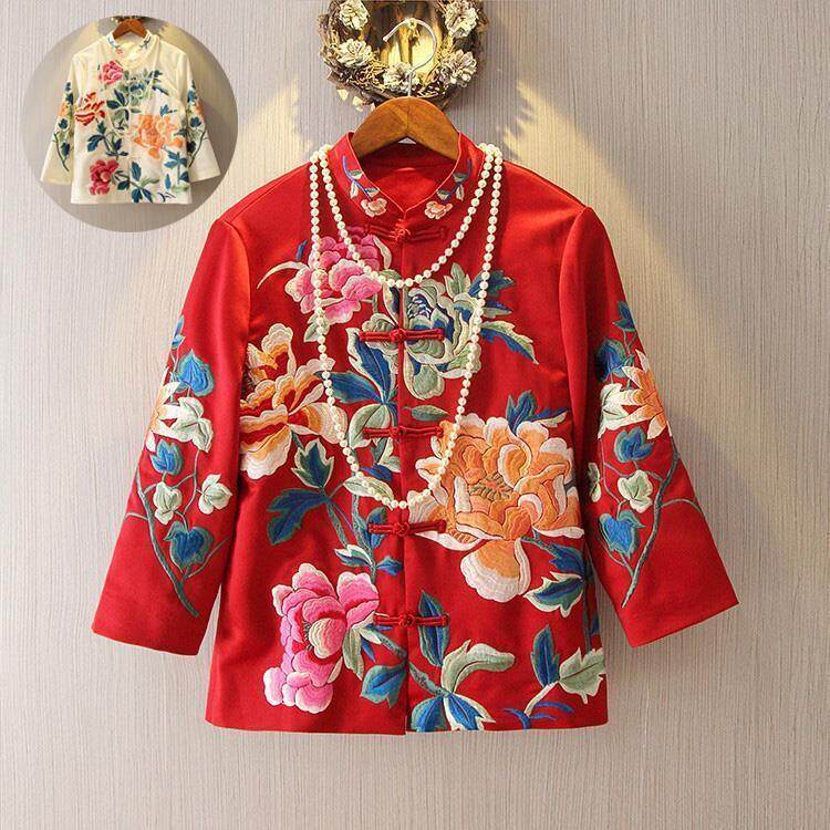 Genuine Spring Retro Chinese Style Mother Chinese Town Moma Mother's outer Set Muchi Embroidered Short Cheongsam Top Girl