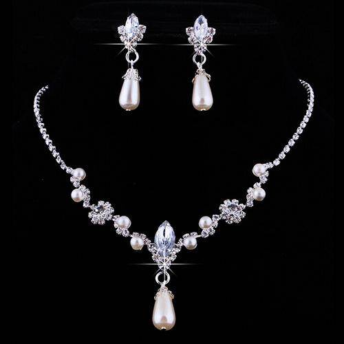 Gravitational wave Bridal Wedding Imitation Pearl Rhinestone Necklace Water Drop Earrings Set