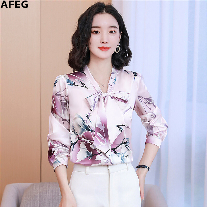 AFEG new Korean bowknot fashion all-match temperament printed silk long-sleeved blouse for women