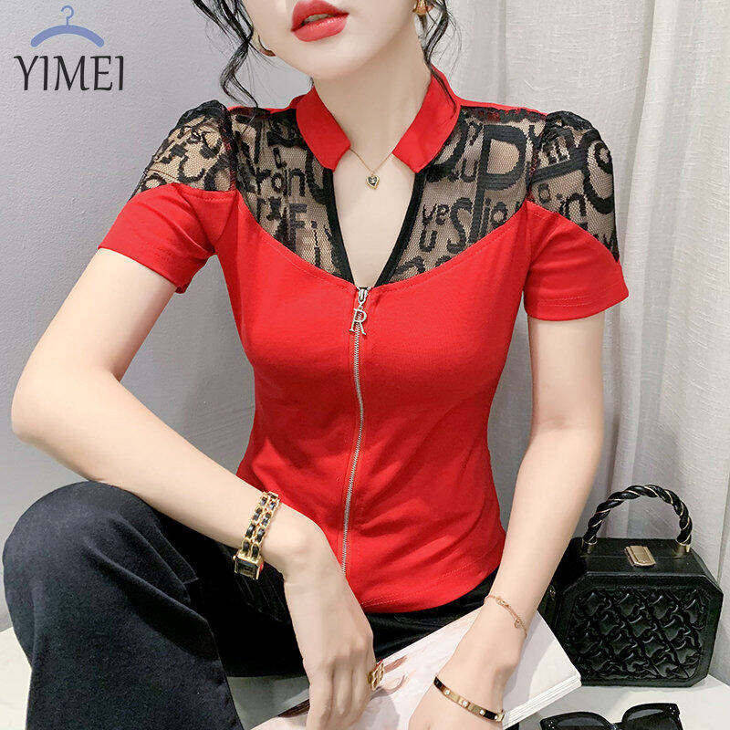 Yimei Áo Thun Nữ xinh đẹp cổ chữ V có ren co giãn mới mùa hè 2023 áo thun màu đen ôm vừa và mỏng cho nữ
