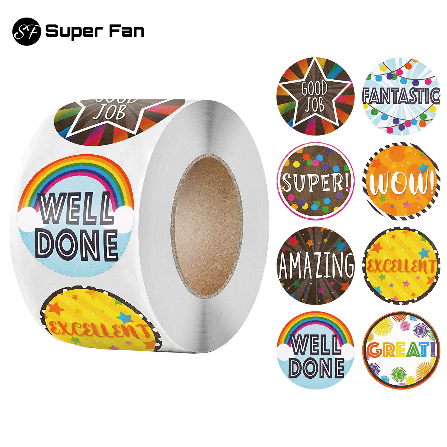(Super Fan) 500Pcs Reward Stickers Great Work Awesome Cartoon Cute Words for School Student Kids Classic Toy Encouragement Sticker Roll