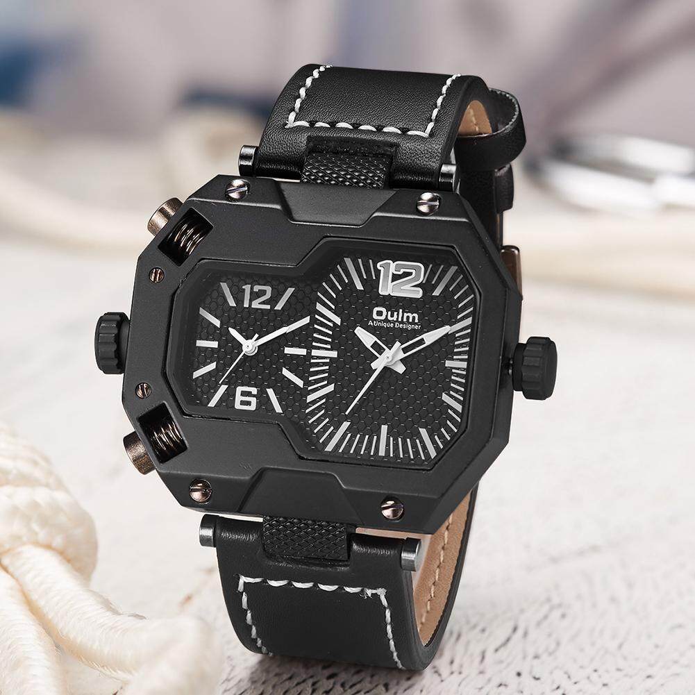 Oulm Pria QUARTZ Jam Tangan Kasual Kulit Gelang Jam Dua Zona Waktu Jam Tangan Jam Tangan Fashion