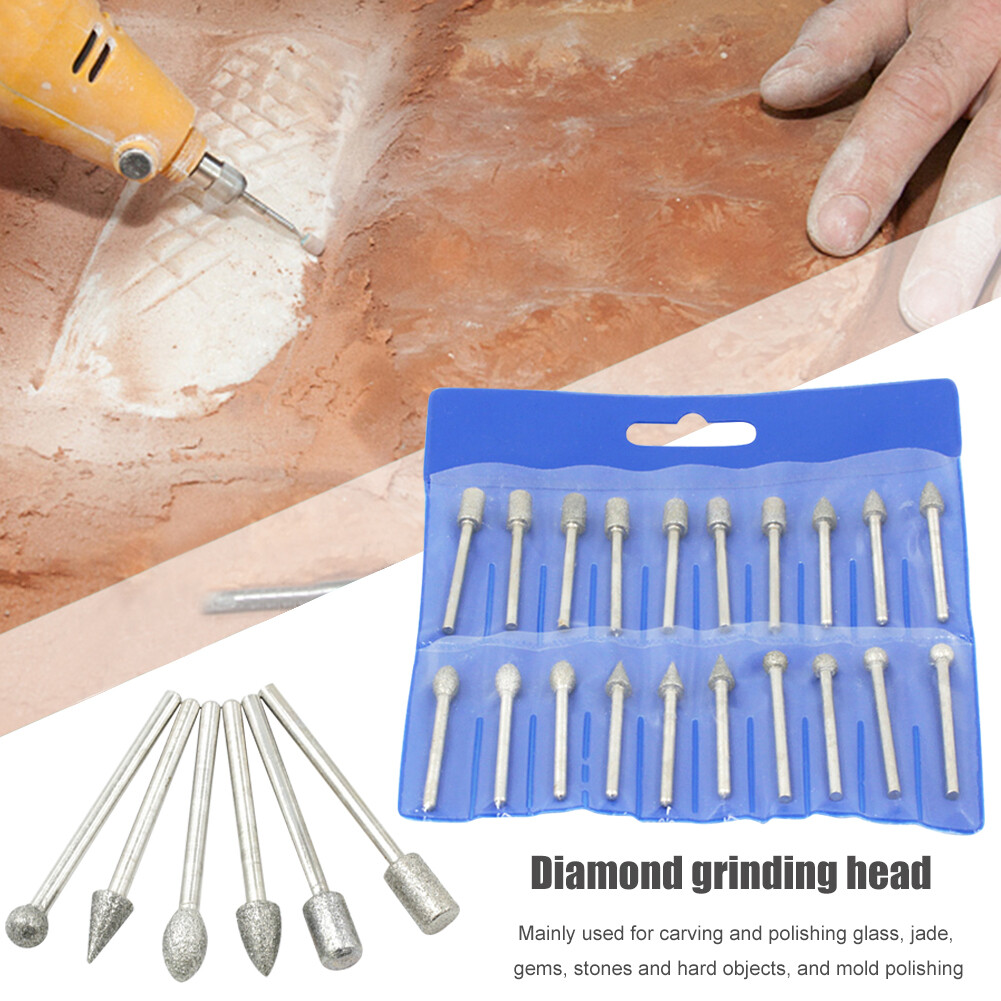 20pcs Diamond Grinding Heads 3mm Shank Mini Bit Set for Rotary Drill Tool