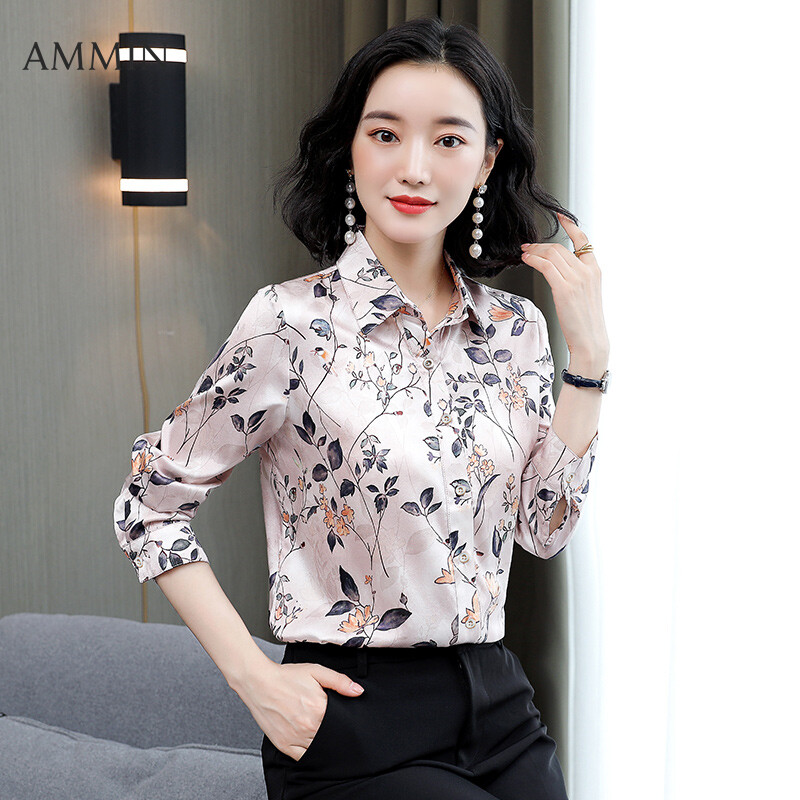 AMMIN Fashion Printed Silk Shirt For Women Mulberry Silk Fashion All-match Long Sleeve Top Lady New Casual Blouse
