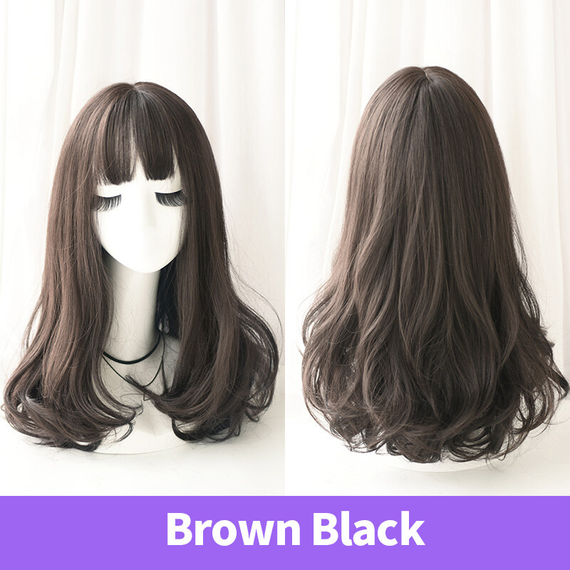 Fashion Curly Wig With Bang Light Brown Medium Length Full Wig Partial Bangs Heat Resistant Wig For Women Brown Black Lazada Ph