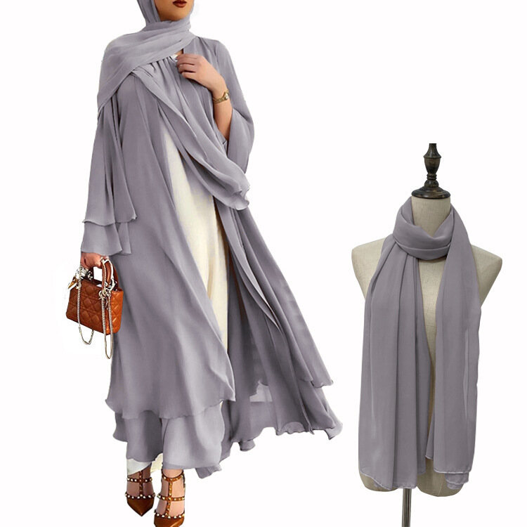 Malaysian Muslim Women's Turkish Robe Double-Layer Chiffon Cardigan Muslim Abaya
