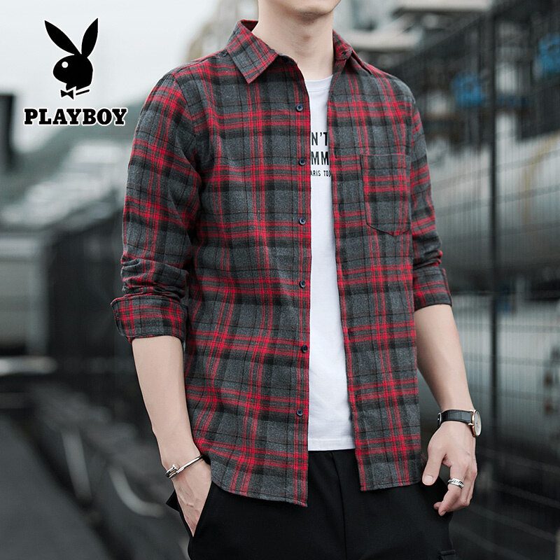 PLAYBOY New Men's Plaid Shirt Casual Shirt