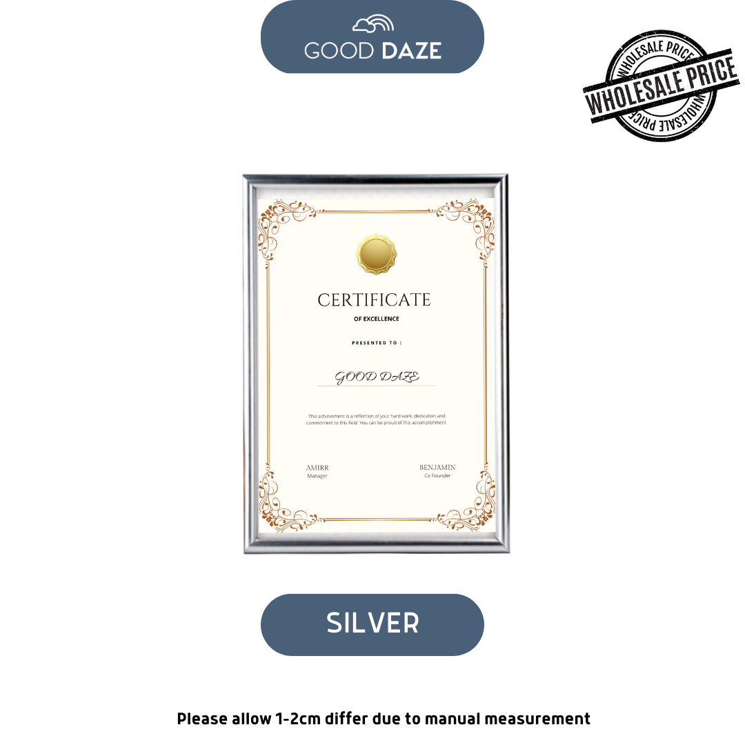 【GOOD DAZE】A4 Certificate Frame Chrome Gold Grey Silver Rose Gold Cert