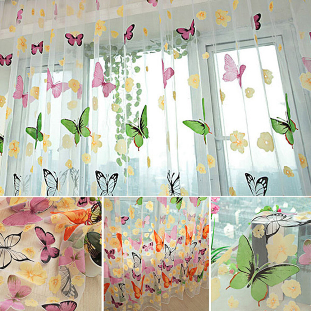 Beautifulhome Colorful Butterfly Offset Printing Burnt-out Curtain Sheer Organdy Panel(1PC/2PCS, 100x200CM)