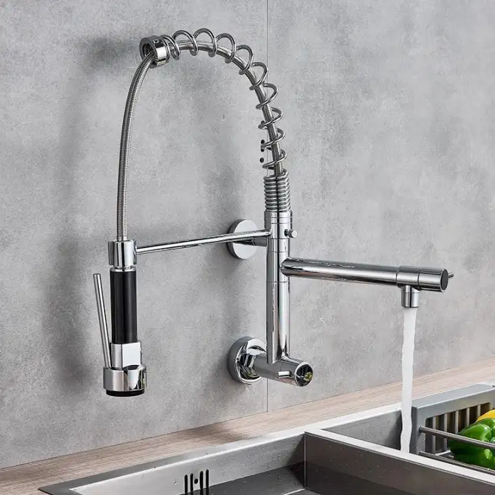 Wall Mounted Spring Kitchen Faucet Pull Down Sprayer Dual Spout