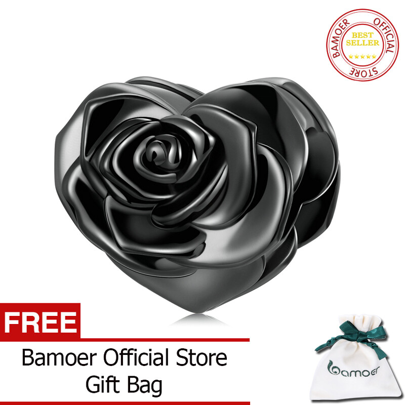 BAMOER Love Black Rose Charms 925 Sterling Silver Heart-Shaped Beads fit Women Original Bracelet Fashion Jewelry Personality Gift BSC579