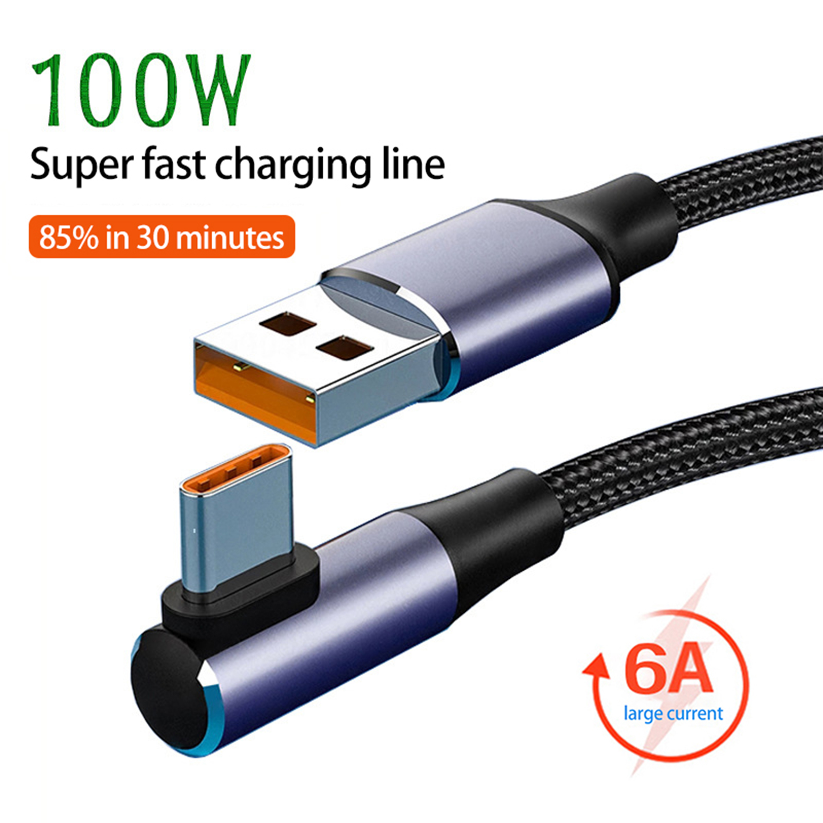 6A 100W Data Cable Universal High Current Braided Wire Tangle-free Fast Charging Elbow Design USB Type-C Mobile Phone USB-C Charger Cable for Office Practical Charging Cord