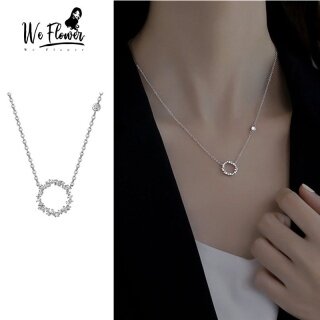 We Flower Korean CZ Crystal Hollow Round Pendant Necklace for Women Girls Party Dating Jewelry thumbnail